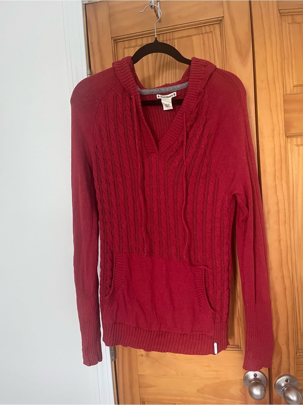 Ruff Hewn Deep Red Cable-Knit V-Neck Sweater